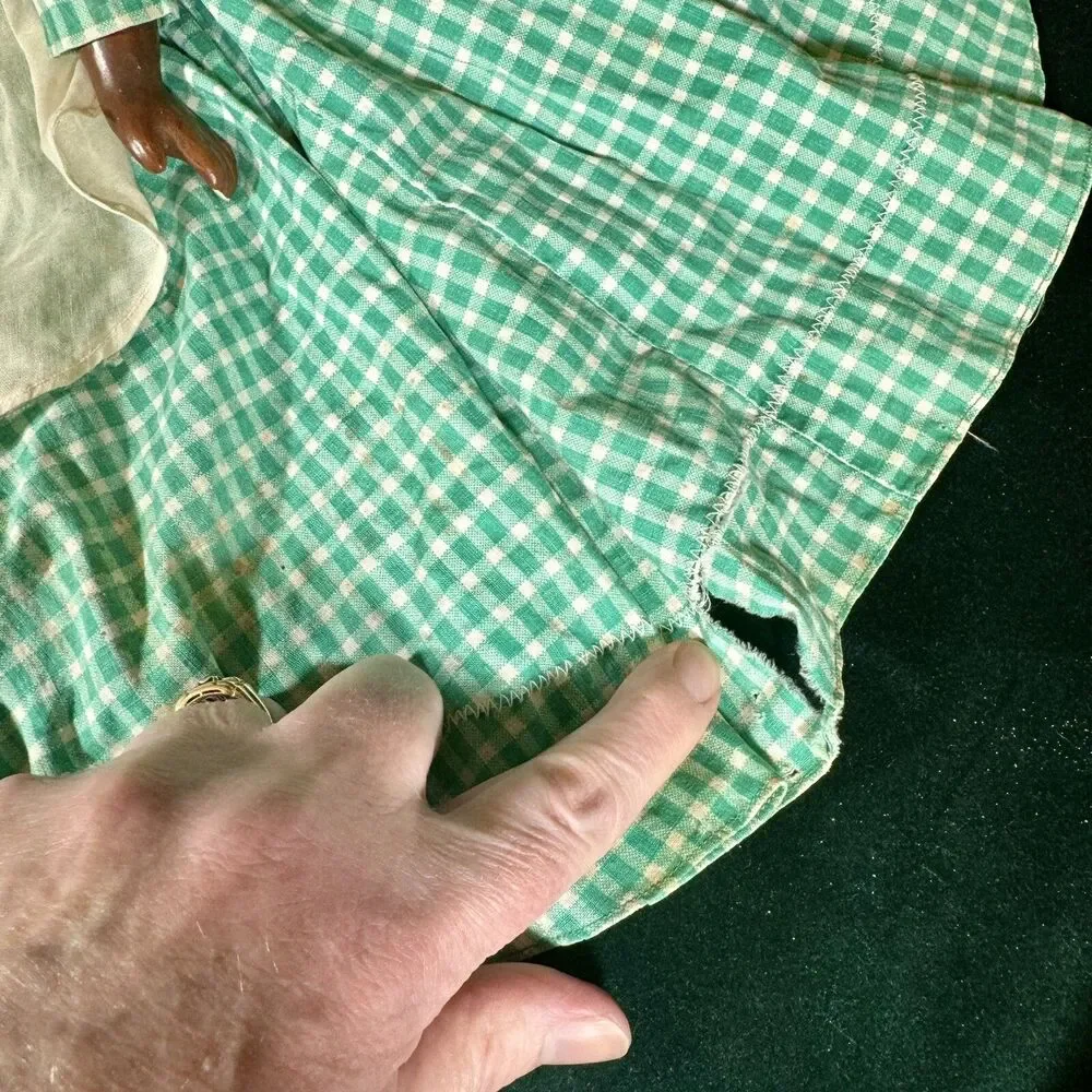 Vintage Handmade African American Doll Folk Art Decor Green Gingham Dress